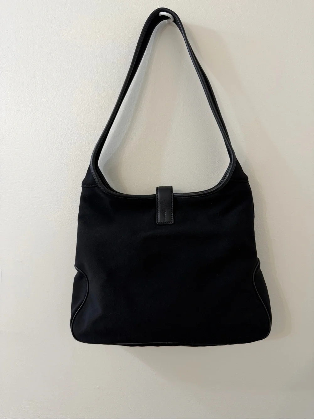 Salvatore Ferragamo Black Nylon Gancini Shoulder Bag Leather Trim Italy